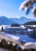Hotel Tanneck in Winter zwischen schneebedeckten Tannen und Wintersonne