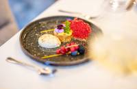Fine Dining mit Beeren und Mouse auf dem Teller