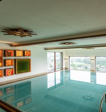 Ansicht von der Empore auf den Innenpool im Tanneck