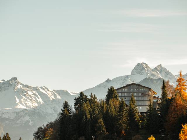 Hotel Tanneck im Hintergrund schneebedeckte Berge und bunte Tannen