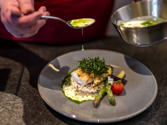 Fisch auf Reis mit grüner Soße auf einem grauen Teller