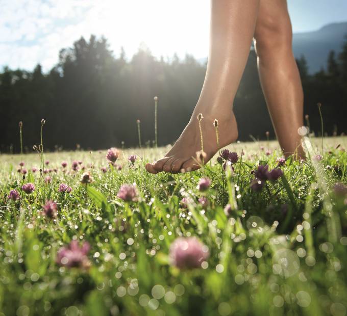 Person läuft Barfuß über eine Bergwiese im Frühlingstau